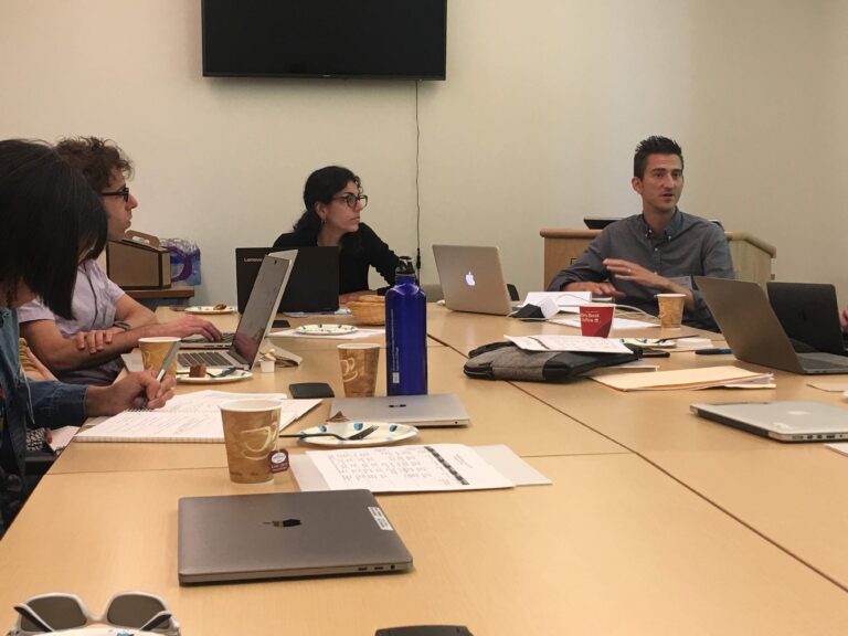 (L-R) Nissa Ren Cannon, Emily Hainze, Jesse Miller, Cristina Pérez Jiménez, and Alex Mazzaferro discuss the format and genre of the book proposal on the first day of the 2019 First Book Institute